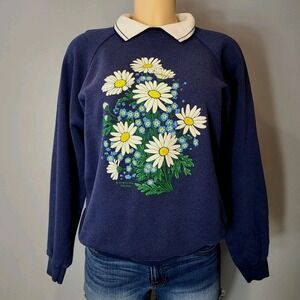 Vintage 90s Collared Sweatshirt Womens Sz Large Daisy Cottage Floral Retro USA